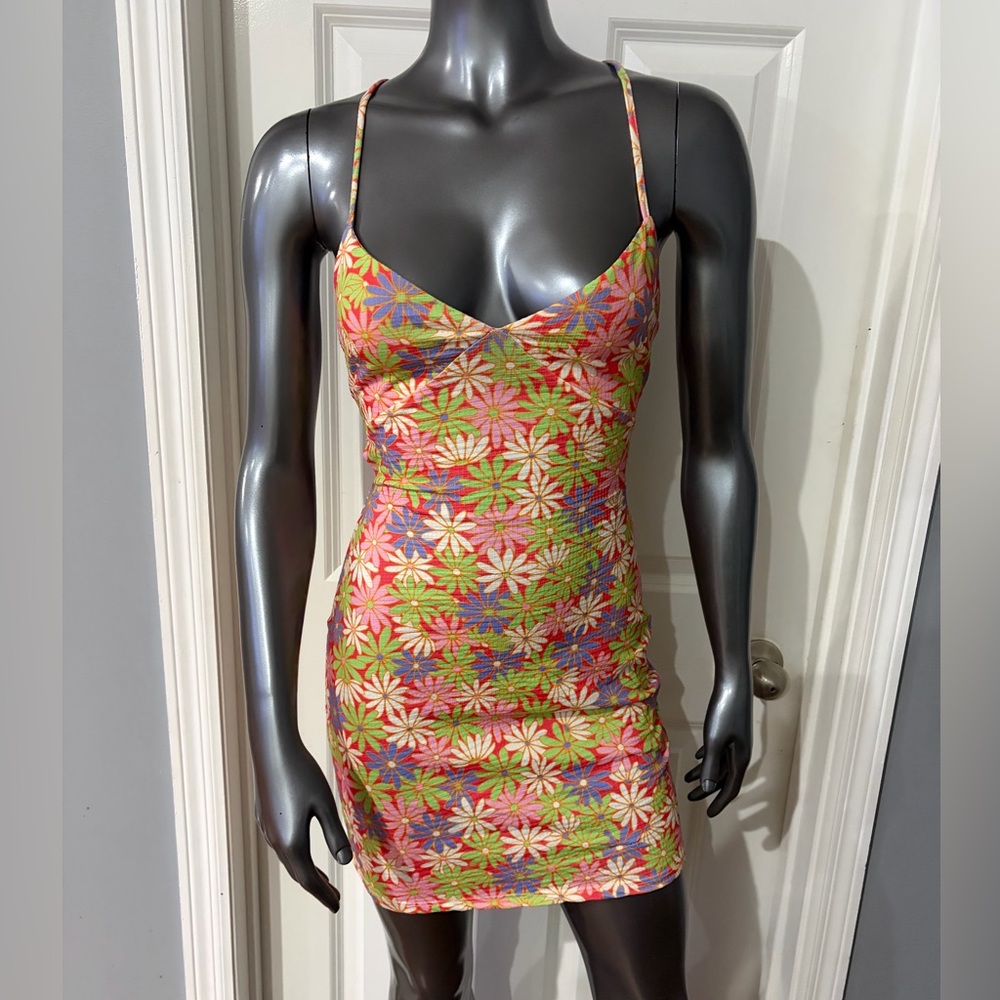 BERSHKA Floral Daisy Multi-Color Spaghetti-Strap Mini Dress